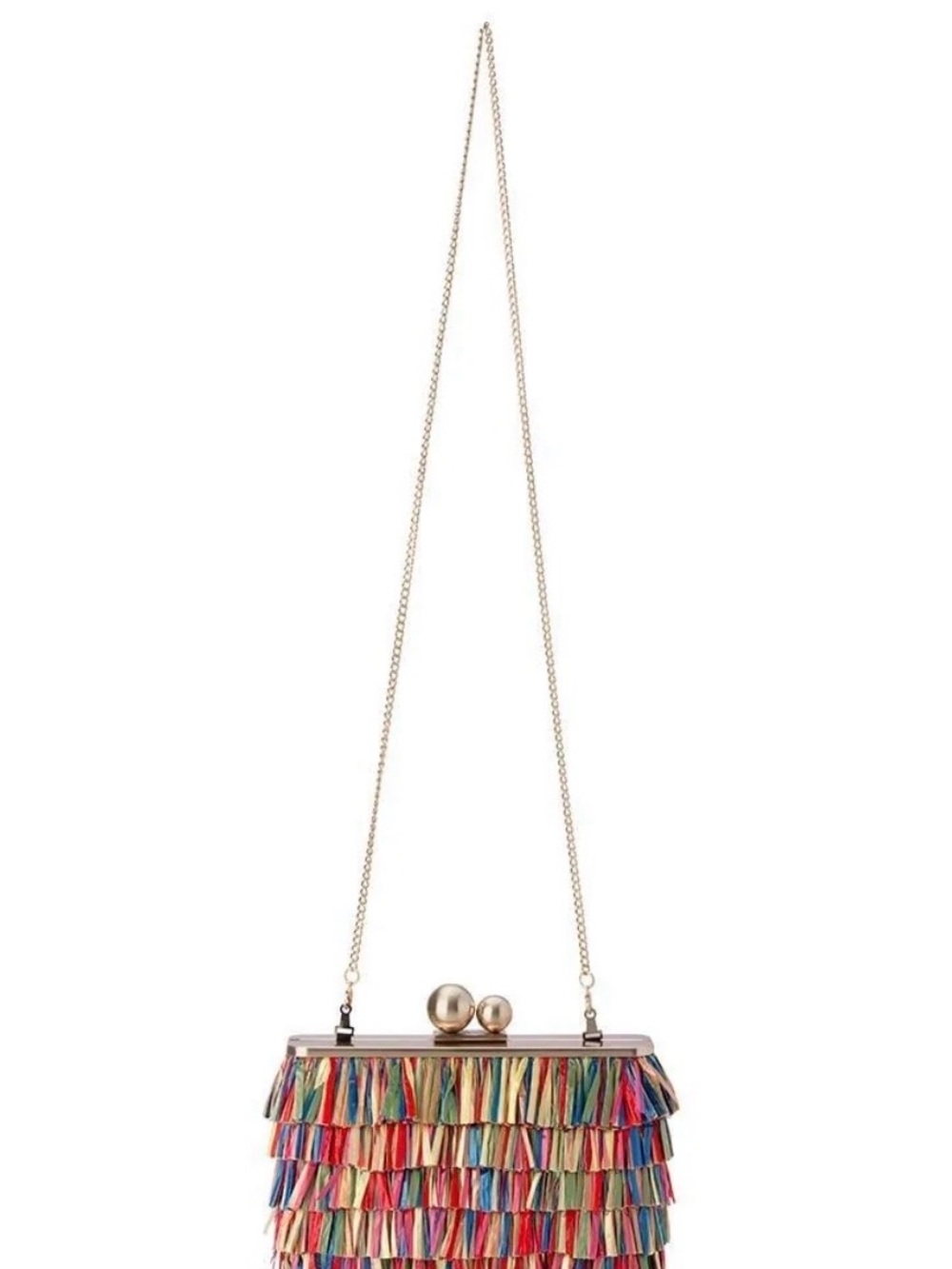 Olga Berg Multicolor Fringe Clutch with Gold Chain Strap